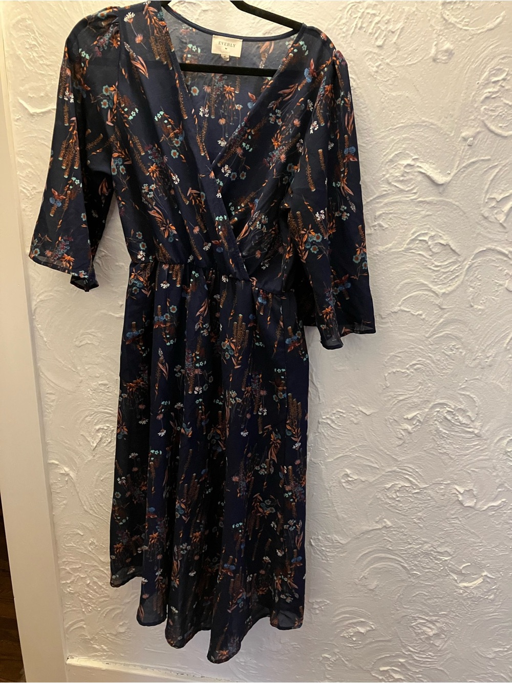 Everly Dark Navy Floral Wrap Midi Dress with Brown & Teal Accents